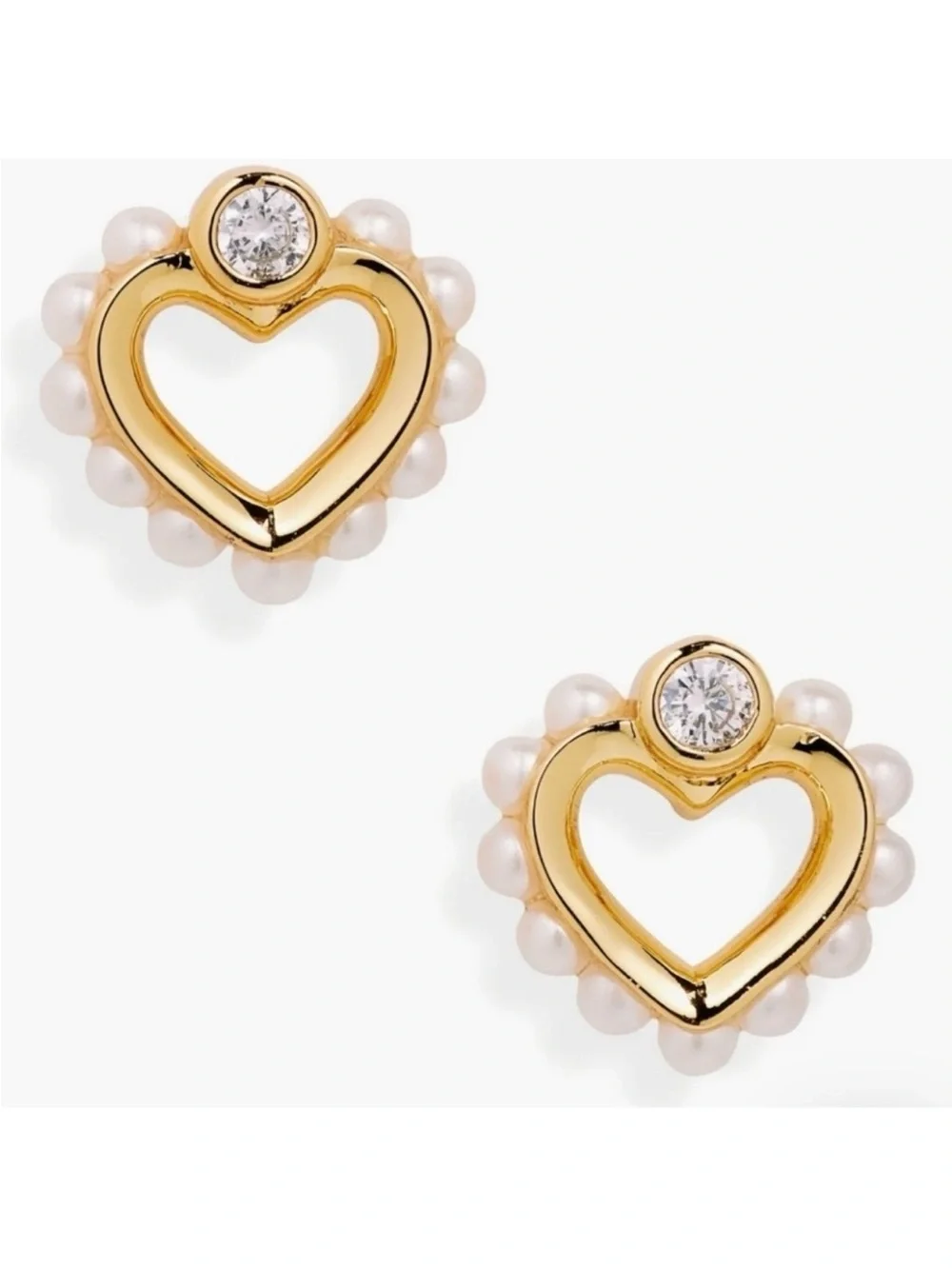 Kate Spade Shining Spade Gold Plated CZ & Pearl Heart Stud Earrings NEW